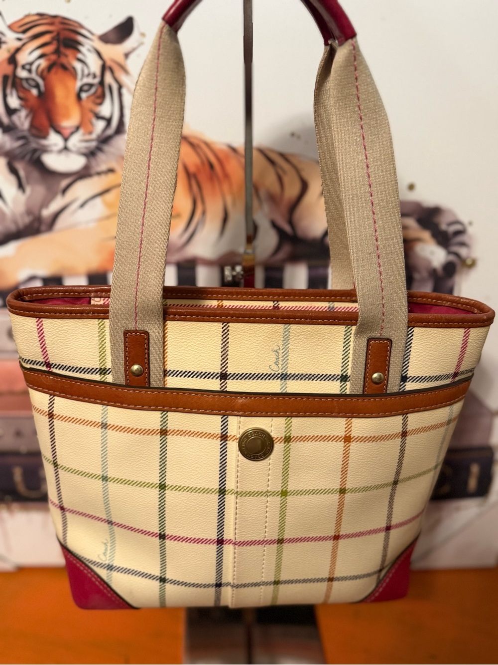 Coach Leatherware Plaid Tote Bag in Cream and Pink - Picture 4 of 14